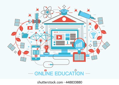Modern Flat Line design online education and e-learning concept for web banner website, presentation, flyer and poster