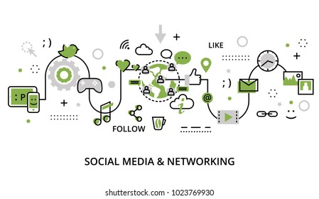 Modern flat line design vector illustration, greenery concept of social media, social networking, web communtity and posting news for graphic and web design