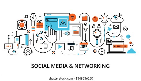 Modern flat line design vector illustration, concept of social media and social networking, for graphic and web design