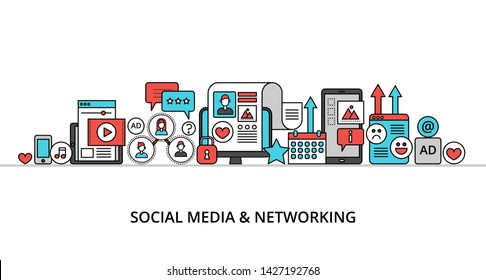 Modern flat line design vector illustration, concept of social media and social networking, for graphic and web design