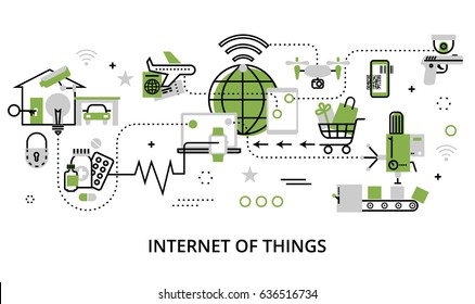 Modern flat line design vector illustration, concept of internet of things, in greenery color, for graphic and web design