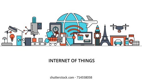 Modern flat line design vector illustration, concept of internet of things, for graphic and web design