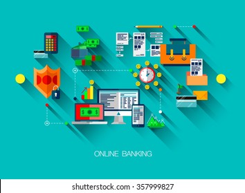 Modern flat line design, web concept of online banking, payment and Online Shopping. Modern vector infographic design illustration composition.
