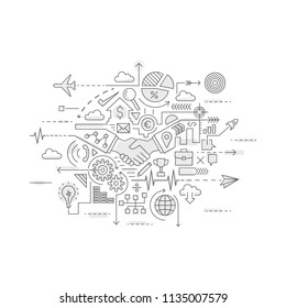 Modern flat line icon set of business process, marketing, financial