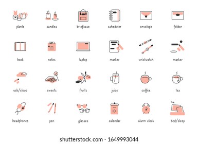 Modern flat line icon set for bullet journal design, planner, scheduler. Linear study learning time, gadget stationary sign. Outline popular hobby simple symbol. Isolated on white vector illustration