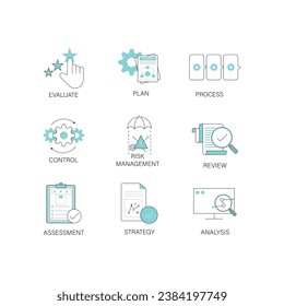 Modern Flat line Icon Set in Concept of Business with word Evaluate,Plan,Process,Control,Risk Management,Review,Assessment,Strategy,Analysis, Editable Stroke.