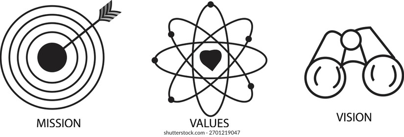 Iconos modernos de línea plana que representan la visión de la misión de la Organización y los valores fundamentales Vector de principios Corporativas 
