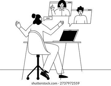 Modern flat line illustration of a professional woman attending a remote team video conference from her home office desk. She communicates with colleagues through an online meeting platform on her laptop, representing remote work, virtual collaboration, digital communication, and work from home lifestyle.