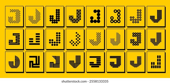 Modern flat line pixel dots letter J logo set