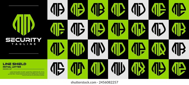 Modern flat line safety shield letter M MM logo set