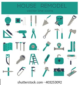 Modern flat line tools icons set for home improvement
