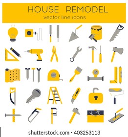 Modern Flat Line Tools Icons Set For Home Improvement 