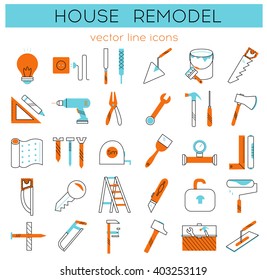 Modern Flat Line Tools Icons Set For Home Improvement 