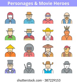 Modern flat line vector avatar icon set. Personages and movie heroes people isolated on white background. Actor professions and occupations, suitable for infographics, web graphic, social networks.