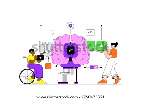 Modern flat line vector illustration showing AI brain processing raw data into smart solutions. Featuring a diverse team, including a professional in a wheelchair and a female developer. Concepts for machine learning, automation, smart technology, and accessibility in tech. Ideal for AI SaaS landing pages and digital transformation web design.