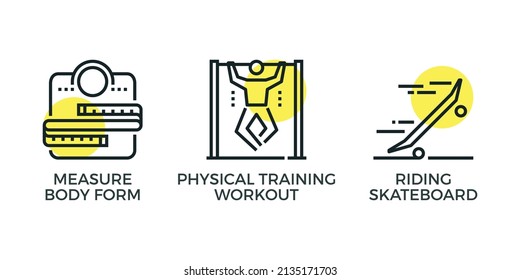 Modernes flaches lineares Piktogramm-Konzept. Schlagzeilen-Symbole Set von Fitness Freizeit, Sport Diät und Ergänzung.