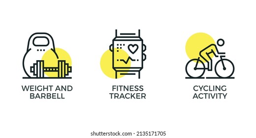 Modern flat linear pictogram concept. Stroke line icons set of fitness recreation, sport diet and supplement.