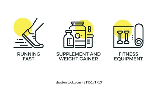 Modern flat linear pictogram concept. Stroke line icons set of fitness recreation, sport diet and supplement.