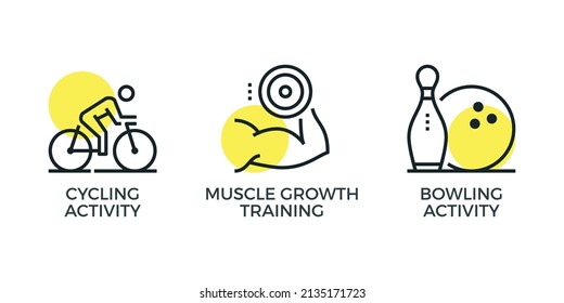 Modern flat linear pictogram concept. Stroke line icons set of fitness recreation, sport diet and supplement.