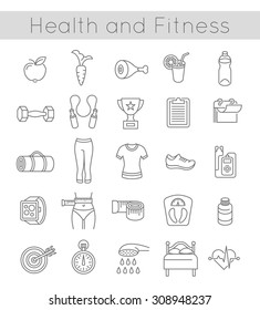 Modern flat linear vector icons of healthy lifestyle, fitness and physical activity. Diet, exercising in gym, training equipment and clothing. Thin line wellness symbols for website, apps, infographic