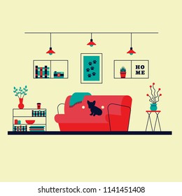 Modern flat living room. Cozy family house interior illustration with sofa, home decorations, houseplants and dog. Vector apartment in scandic hygge style