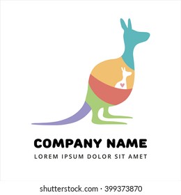 Modern flat logo. Kangaroo with a baby.