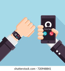 Modern Flat Long Shadow Technology Icon - Smartwatch And Smartphone Synchronized Connection