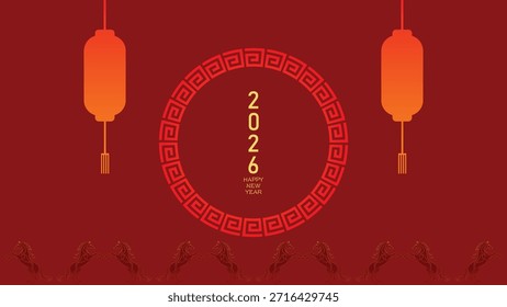 Fondo moderno del año Nuevo Vertical lunar plano de China con el marco y la tipografía circulares de la geometría del caballo del adorno rojo profundo y del oro de la linterna 2026 para el Anuncio de Festiva y el Fondo de pantalla digital