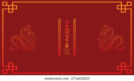Fondo moderno del año Nuevo lunar plano de China con la ilustración roja profunda y dorada del dragón anaranjado Diseño simétrico y marco geométrico para el Anuncio de Festiva y la marca festiva