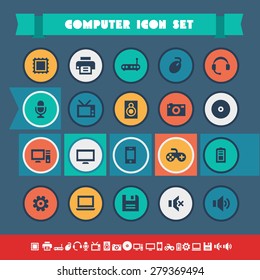 Modern flat material computer icons on colored circles