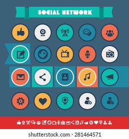 Modern flat material social icons on colored circles