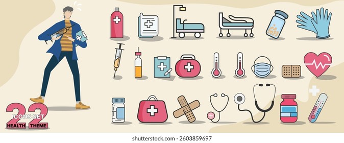 A modern, flat medical icon set featuring 22 healthcare-themed vector illustrations