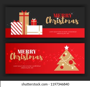 Modern flat Merry Christmas New Year greeting cards vertical banners concept.NewYear gift boxes,new year tree,ornament balls,christmas star celebration postcards on red black background