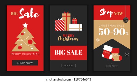 Modern flat Merry Christmas New Year big sales app screen template,web online shopping concept.NewYear gift boxes,new year tree balls,xmas socks sale application screens,ready to use button Shop Now