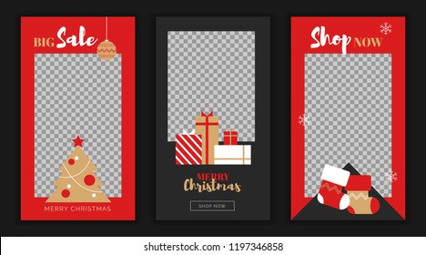 Modern Flat Merry Christmas New Year Sales,Instagram Stories Template,web Online Shopping Concept.NewYear Gift Boxes,new Year Tree Balls,xmas Socks Sale App Screens,ready To Use Button Shop Now