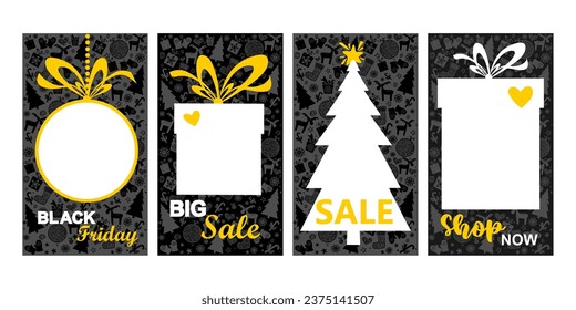 Modern flat Merry Christmas New Year sales,Instagram stories template,web online shopping concept. NewYear gift boxes,new year tree balls, xmas socks sale app screens,ready to use button Shop Now