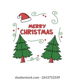 "Modern Flat 'Merry Christmas' Vector Banner with Pine Trees and Santa Hat"