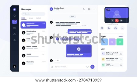Modern flat messaging app dashboard with team chat, audio waveform, video call card, file list, contact sidebar, and purple interface panels