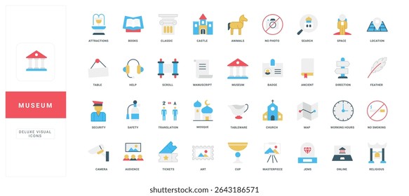 Modern flat museum icons with labeled titles for education, history, art, and culture projects, perfect for web, apps, infographics, and presentations vector illustration