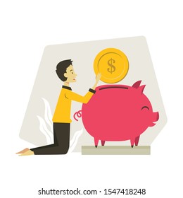 Modern flat neat saving account illustration, man saving gold coin in a piggy bank