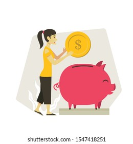 Modern flat neat saving account illustration, woman in yellow shirt saving gold coin on a piggy bank