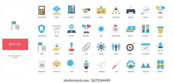 La colección moderna de iconos de oficina plana incluye calculadora, correo electrónico, teléfono, documentos, personas y herramientas para negocios, flujo de trabajo y necesidades de productividad Ilustración vectorial aislada
