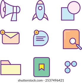 A modern flat outline icon set for business and communication. Includes 9 vector icons: megaphone (marketing), rocket (startup), geometric shapes (data), envelope (email), chat bubble (communication),