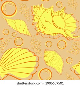 Modern flat outline sea shells, bubbles seamless pattern for fabric, textile, apparel, interior, stationery, wrapping paper, scrapbooking. Trendy marine endless texture. Exotic ocean shells contours