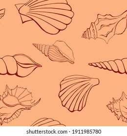 Modern flat outline sea shells seamless pattern for fabric, textile, apparel, interior, stationery, wrapping paper, scrapbooking. Trendy marine endless texture. Exotic ocean shells contours.