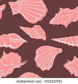 Moderne flache Umrissschalen, Bläschen nahtlose Muster für Gewebe, Textilien, Bekleidung, Innenausstattung, Schreibwaren, Packpapier, Scrapbooking. Trendy marine endlose Textur. Exotische Ozeanschalen bilden Konturen.