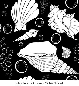 Moderne flache Umrissschalen, Bläschen nahtlose Muster für Gewebe, Textilien, Bekleidung, Innenausstattung, Schreibwaren, Packpapier, Scrapbooking. Trendy marine endlose Textur. Exotische Muschelkonturen