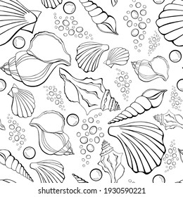 Modern flat outline sea shells, bubbles seamless pattern for fabric, textile, apparel, interior, stationery, wrapping paper, scrapbooking. Trendy marine endless texture. Exotic ocean shells contours