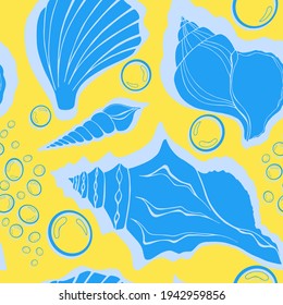 Modern flat outline sea shells, bubbles seamless pattern for fabric, textile, apparel, interior, stationery, wrapping paper, scrapbooking. Trendy marine endless texture. Exotic ocean shells contours.