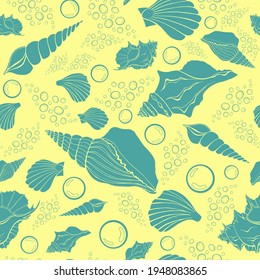 Moderne flache Umrissschalen, Bläschen nahtlose Muster für Gewebe, Textilien, Bekleidung, Innenausstattung, Schreibwaren, Packpapier, Scrapbooking. Trendy marine endlose Textur. Exotische Ozeanschalen bilden Konturen.